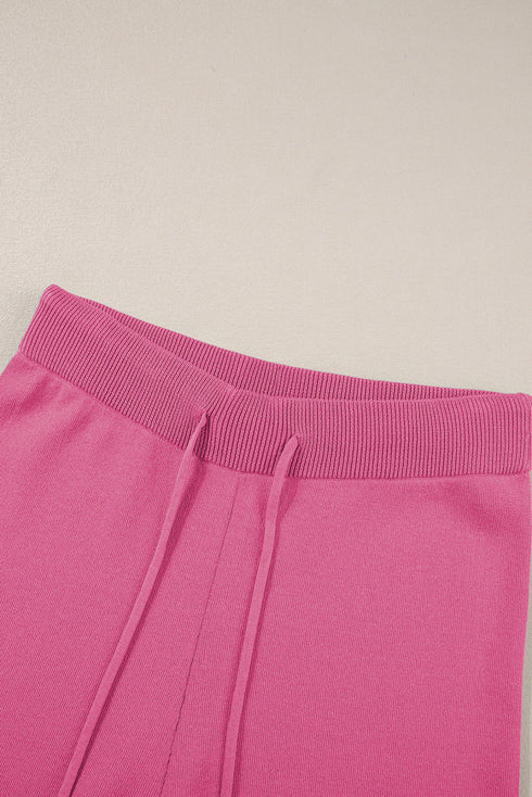 Contrast Trim Textured Knit Half Sleeve Drop Shoulder Drawstring Waist Wide Leg Two Piece Pant Set